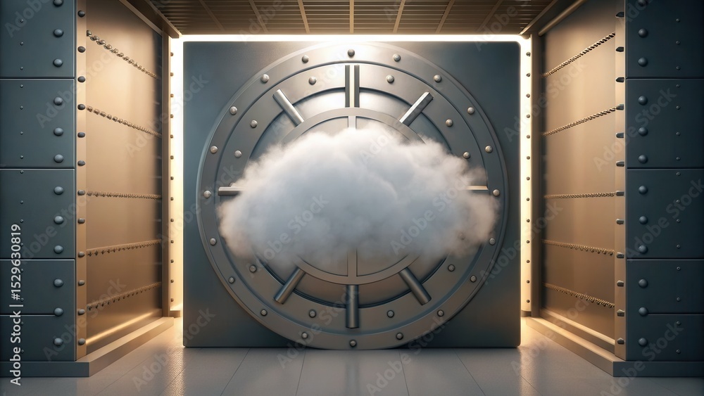 Poster A metallic vault door partially open with a cloud floating inside, symbolizing cloud storage or digital security.