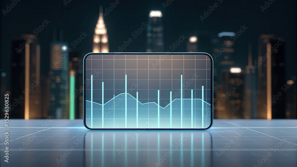 Poster A futuristic digital bar graph is displayed on a screen with a blurred city skyline lit up at night in the background.