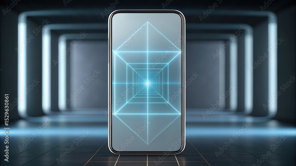 Poster A futuristic smartphone stands in a digital tunnel with glowing geometric lines, symbolizing advanced technology and virtual space.