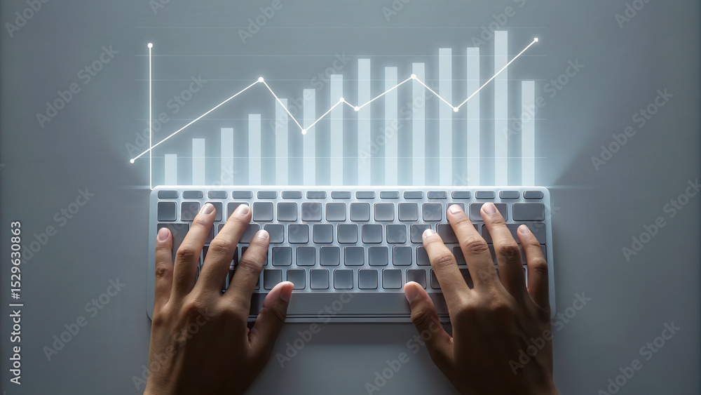 Aufkleber Hands typing on a keyboard with a futuristic transparent bar and line graph overlay showing data growth and analysis.