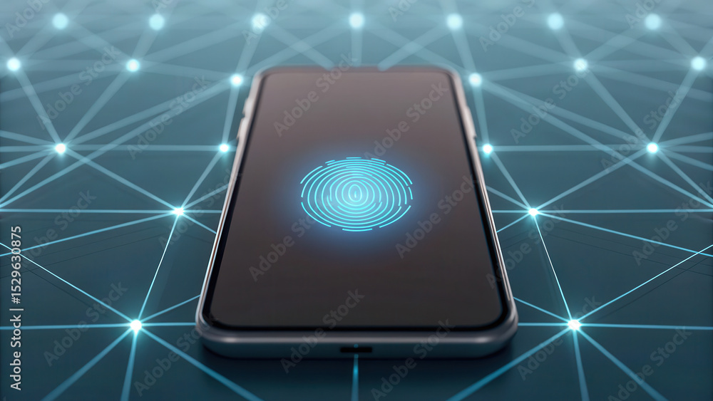 Poster a smartphone with a glowing fingerprint icon on the screen, symbolizing biometric security and digit
