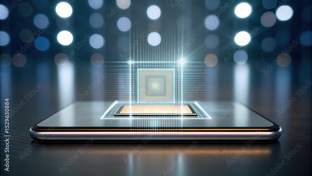 Poster A glowing microchip hovers above a smartphone, symbolizing advanced technology and digital innovation in a futuristic, illuminated setting.