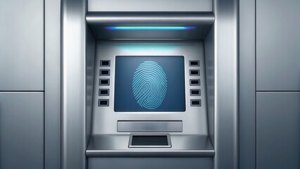 A futuristic ATM machine displaying a large fingerprint scanner for biometric authentication, emphasizing security and advanced technology.