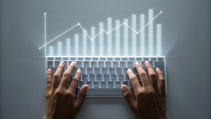 Hands typing on a keyboard with a futuristic transparent bar and line graph overlay showing data growth and analysis.
