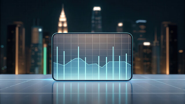 A futuristic digital bar graph is displayed on a screen with a blurred city skyline lit up at night in the background.