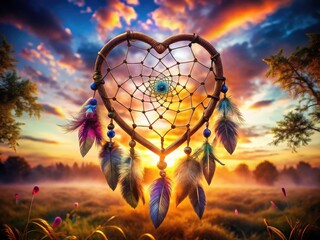Double exposure dreamcatcher art: a mystical heart beats with surreal dreams, a captivating fantasy image.