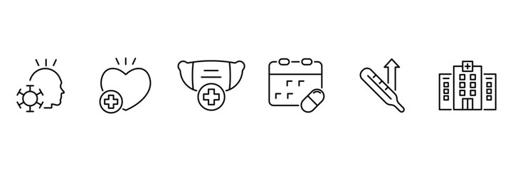 Virus awareness heartcare facemask medication calendar temperature hospital illness protection recovery health checkup icon vector illustration.