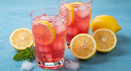 Refreshing pink lemonade with lemon slices and ice cubes on a blue background
