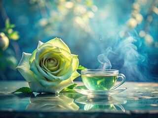 Double exposure: dreamlike tea rose, vibrant green foliage against a serene blue table.