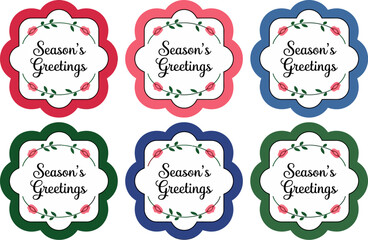 Holiday text label designs. Seasons Greetings title frames in cheerful floral styles for gift or decor use  