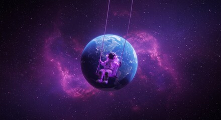 Abstract 3D Astronaut Suspended Above Planet Earth in Purple Galaxy