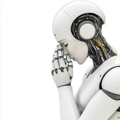 White Humanoid Robot in Prayerful Pose Against White Background