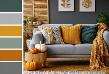 Color palette for a living room with green, mustard, and pumpkin colors.