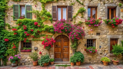 Naklejka premium Ancient Italian stone building with blooming flowers and vines on the facade