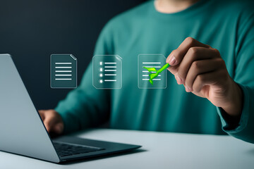Digital Document Management – User Interacting with Floating Checklist and Green Checkmark