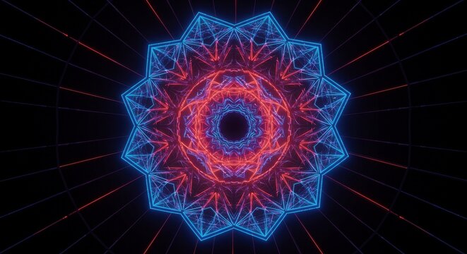 Abstract 3D Background of a Tunnel Star Pattern Glowing Red And Blue
