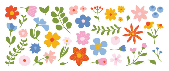 Fototapeta premium Collection of spring colorful flower elements vector. Set floral of wildflower, leaf branch, foliage on white background. Hand drawn blossom illustration for decor, easter, thanksgiving, clipart.