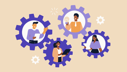 Teamwork and Collaboration Diverse Professionals Working Together in Interlocking Gears to Achieve Success and Innovation in a Business Environment
