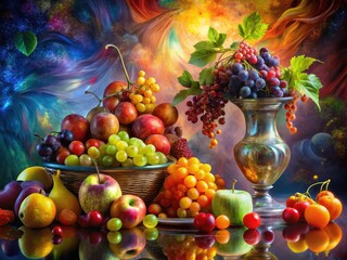 Double exposure fuses colorful fruit and decorative vases, creating a dreamy, surreal still life photograph.