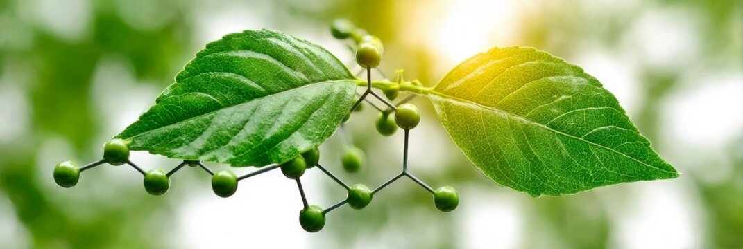 Molecular Structure of Green Tea with Leaves in Laboratory Setting and Bright Green Background