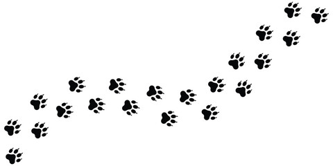 Animal paw prints trail vector illustration. Dog, cat, pet, or wildlife footprint path design. Black silhouette isolated on white background.