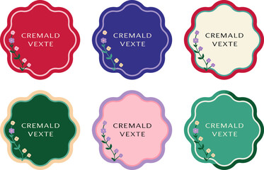 Product packaging label tags. Cute color badges with curved edges and serif text space for branding or events  