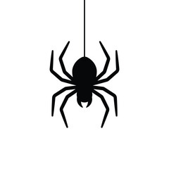 Hanging spider vector icon. Black silhouette of spider on thread. Halloween decoration, insect, arachnid, creepy crawly symbol. Isolated on white background.