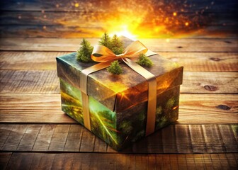 Double exposure gift box photography:  Creative paper packaging against a warm wooden background.