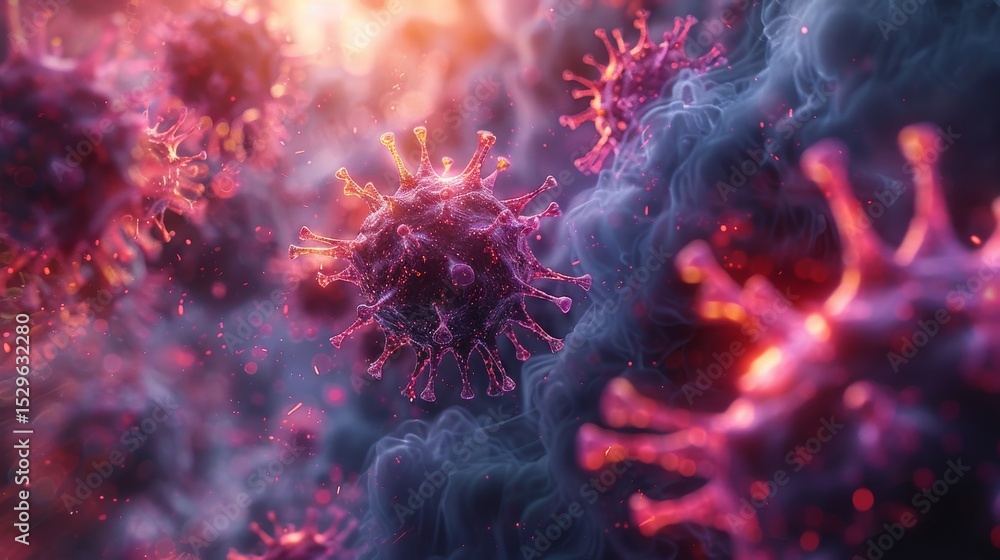 Poster this vivid close-up image shows a detailed representation of a virus with intricate structures and c