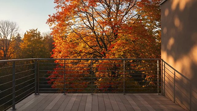 Autumnal view from a deck with metal railing
