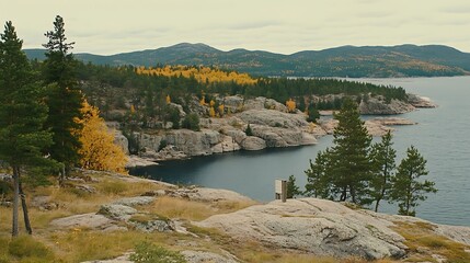 Naklejka premium Scandinavian Landscape View of Lake Scenery with Autumnal Forest Colors