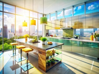 Double exposure illuminates a stylish kitchen bar, its countertop design highlighted from above.