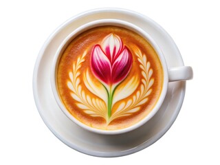 Double exposure magic: a tulip's silhouette graces a creamy latte, isolated on white, viewed from above.