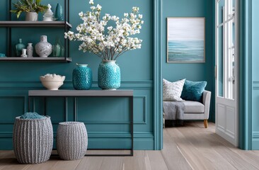a teal wall in an elegant bedroom with gray and blue accents, featuring metal frame shelves for decorative items