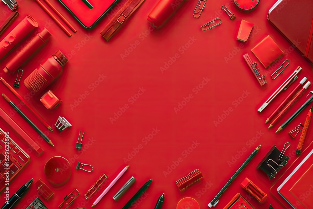 Poster a red background with a variety of office supplies arranged in a pattern