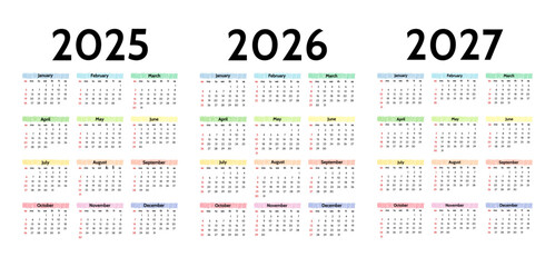 Set of calendars for 2025, 2026 and 2027 on a white background