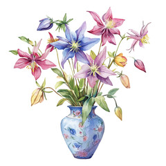 A Wild Columbine In A Vase, watercolor painting vector, high quality, isolated on a white background.
