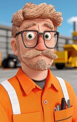 Worried Voxel Style Worker with Eye Glasses in Orange Safety Jacket