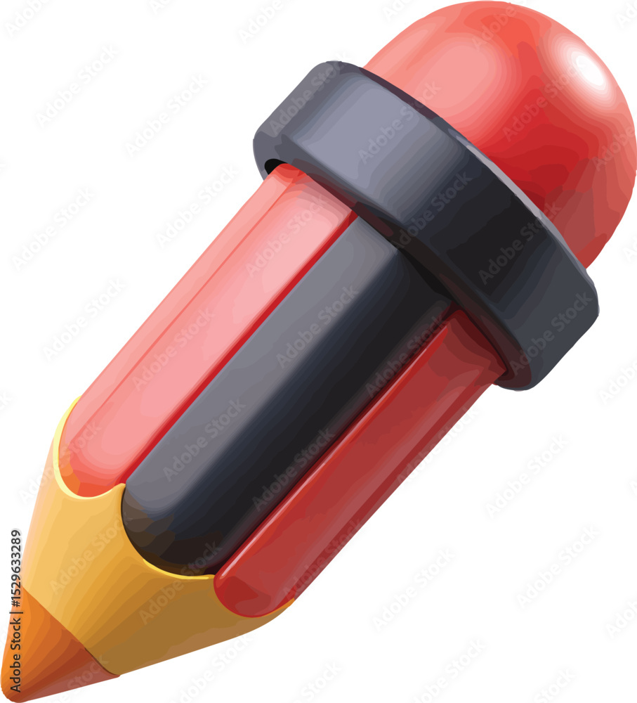 Poster a 3d model of a pencil with red and black color scheme and a yellow tip