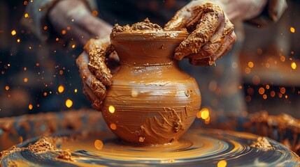 A skilled artisan shapes a beautiful pottery piece on a spinning wheel, illustrating the delicate balance of technique and creativity, merging craft with artistic expression.