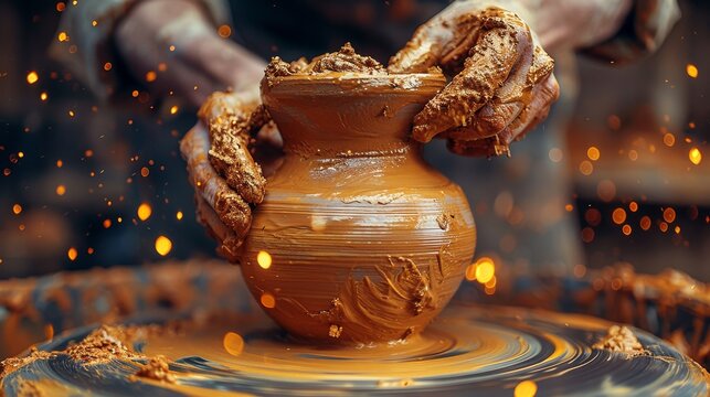 A skilled artisan shapes a beautiful pottery piece on a spinning wheel, illustrating the delicate balance of technique and creativity, merging craft with artistic expression.