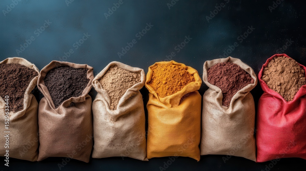 Poster an array of burlap bags filled with different spices showcases rich colors and textures, representin