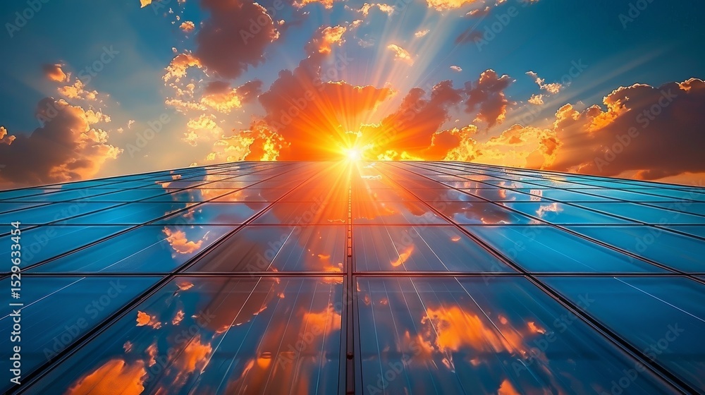 Aufkleber a stunning view of a modern building reflecting the vibrant colors of a sunset, showcasing the harmo