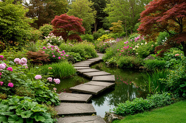 Tranquil forest pond with winding stone path surrounded by lush greenery, ideal for nature-themed designs, wellness ads, or eco-tourism promotions.

