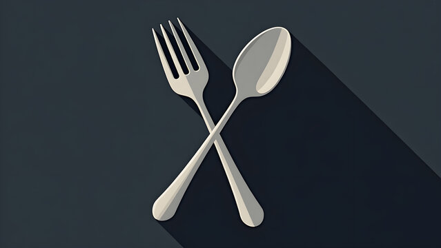 Fork and spoon crossed flat design icon with long shadow on dark background for food and dining concept illustration