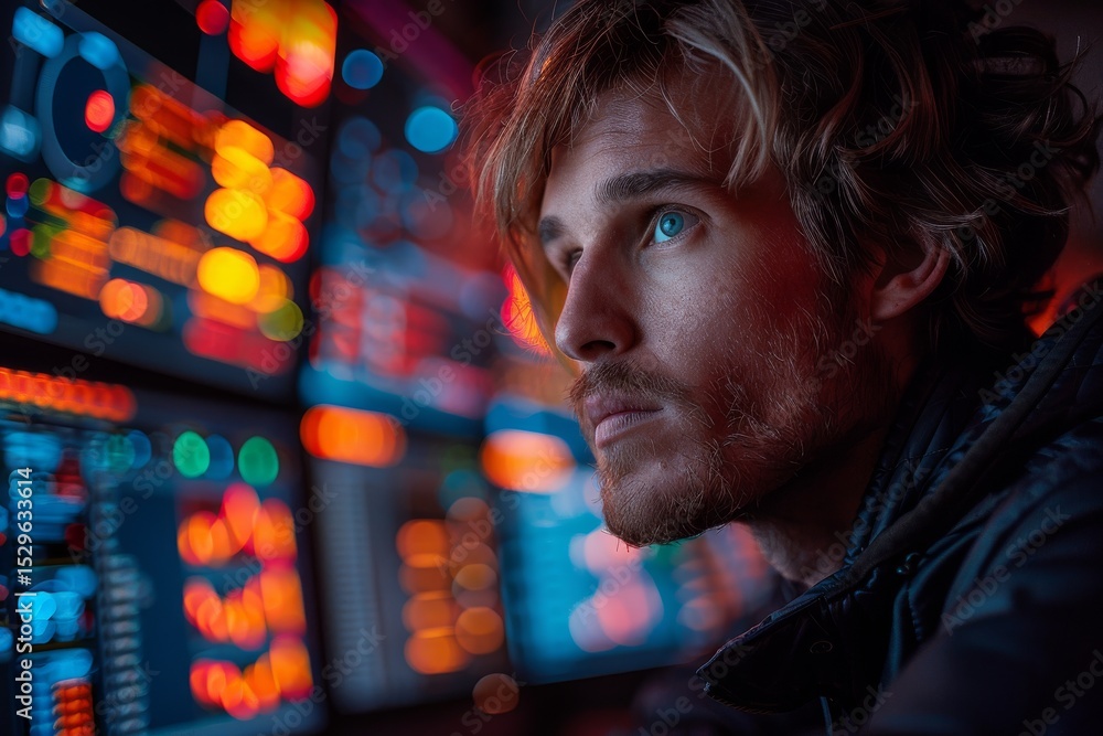 Poster a concentrated young man gazing at multiple colorful digital screens filled with data, visually repr