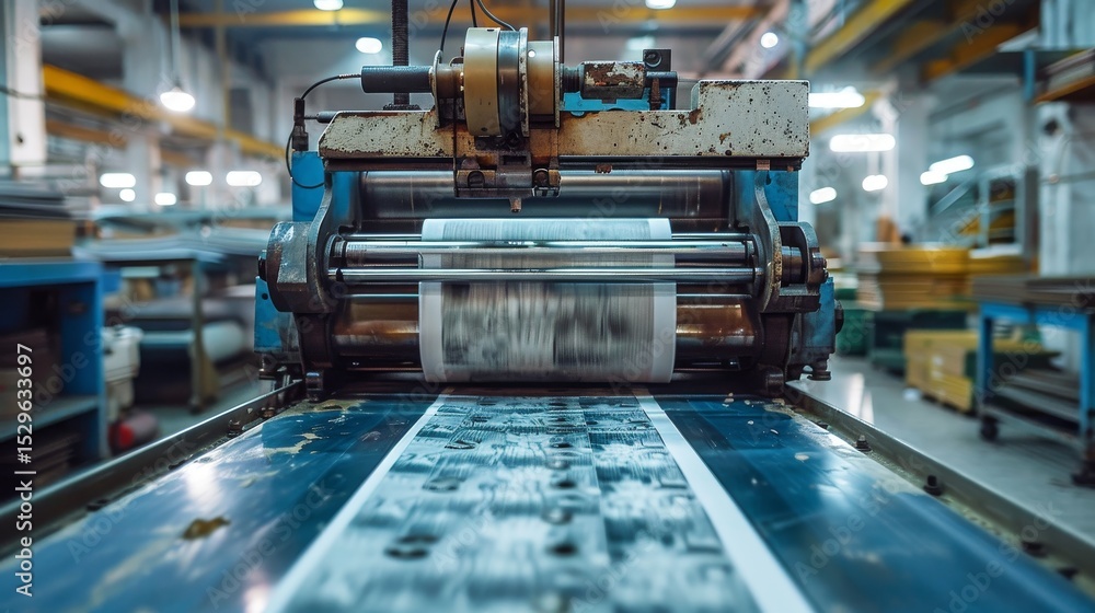 Aufkleber an industrial printing machine in motion, capturing the dynamics of a bustling workshop where creati