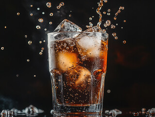 A refreshing glass of a dark, fizzy drink with ice cubes, captured with splashing bubbles and a blurred background, suggesting a cold beverage.
