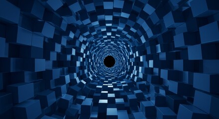 Abstract 3D Blue Geometric Tunnel Dark Perspective Futuristic Art