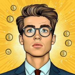 Young Man in Suit Surrounded by Gold Coins, Pop Art Style Portrait Illustration
